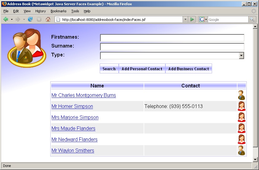 Web Address Book opening screen